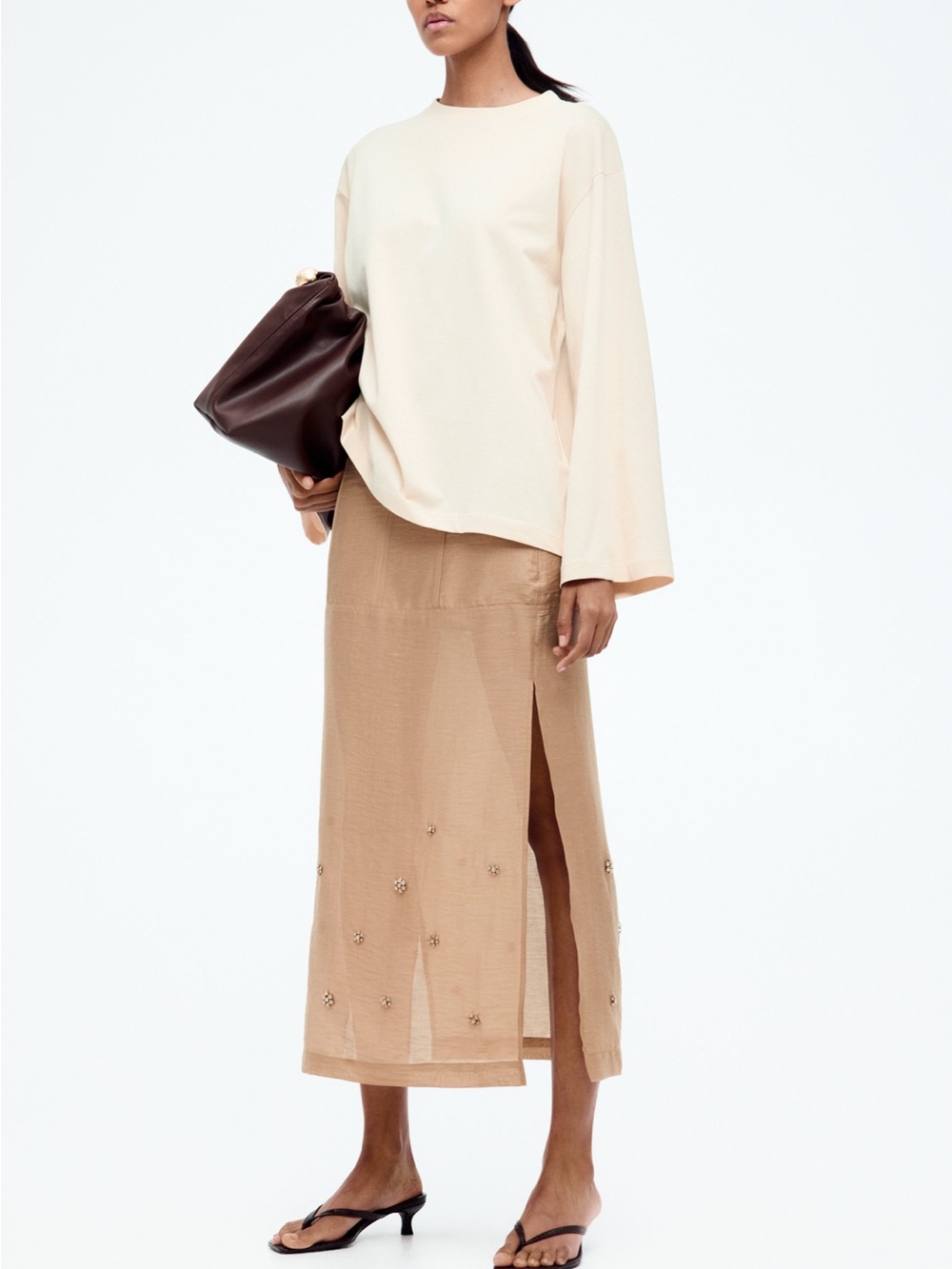 H&M Edition Embellished Sheer Midi Skirt in Taupe NWT